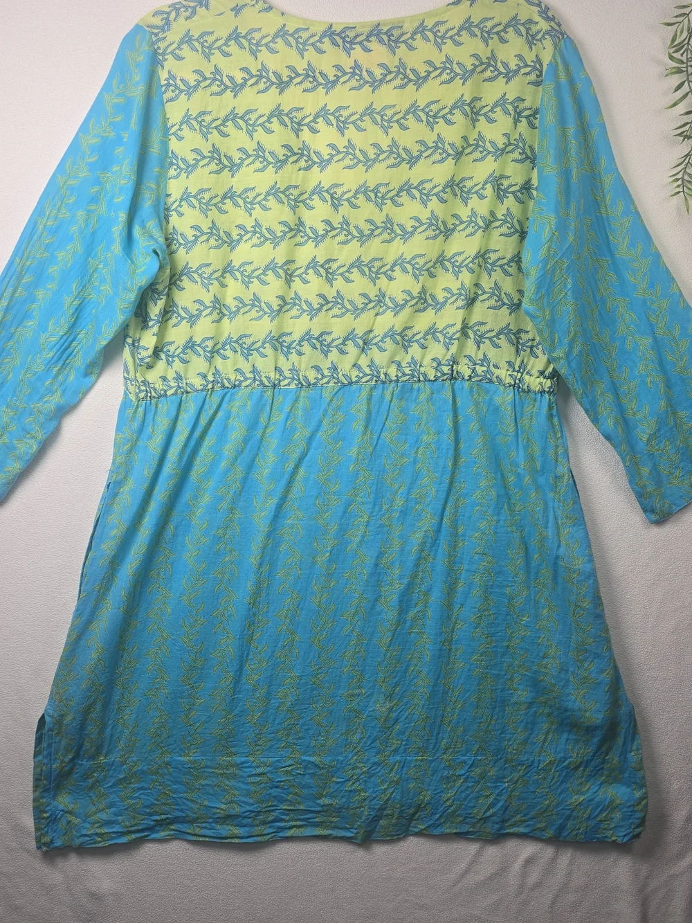 GRETCHEN SCOTT V-NECK TUNIC DRESS AQUA BLUE LIME GREEN  BOHO BEACH WOMENS MED - Picture 10 of 10
